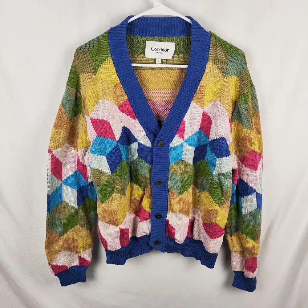 Corridor Cardigan Sweater Mens Large Multicolor Geometric V Neck Button Front